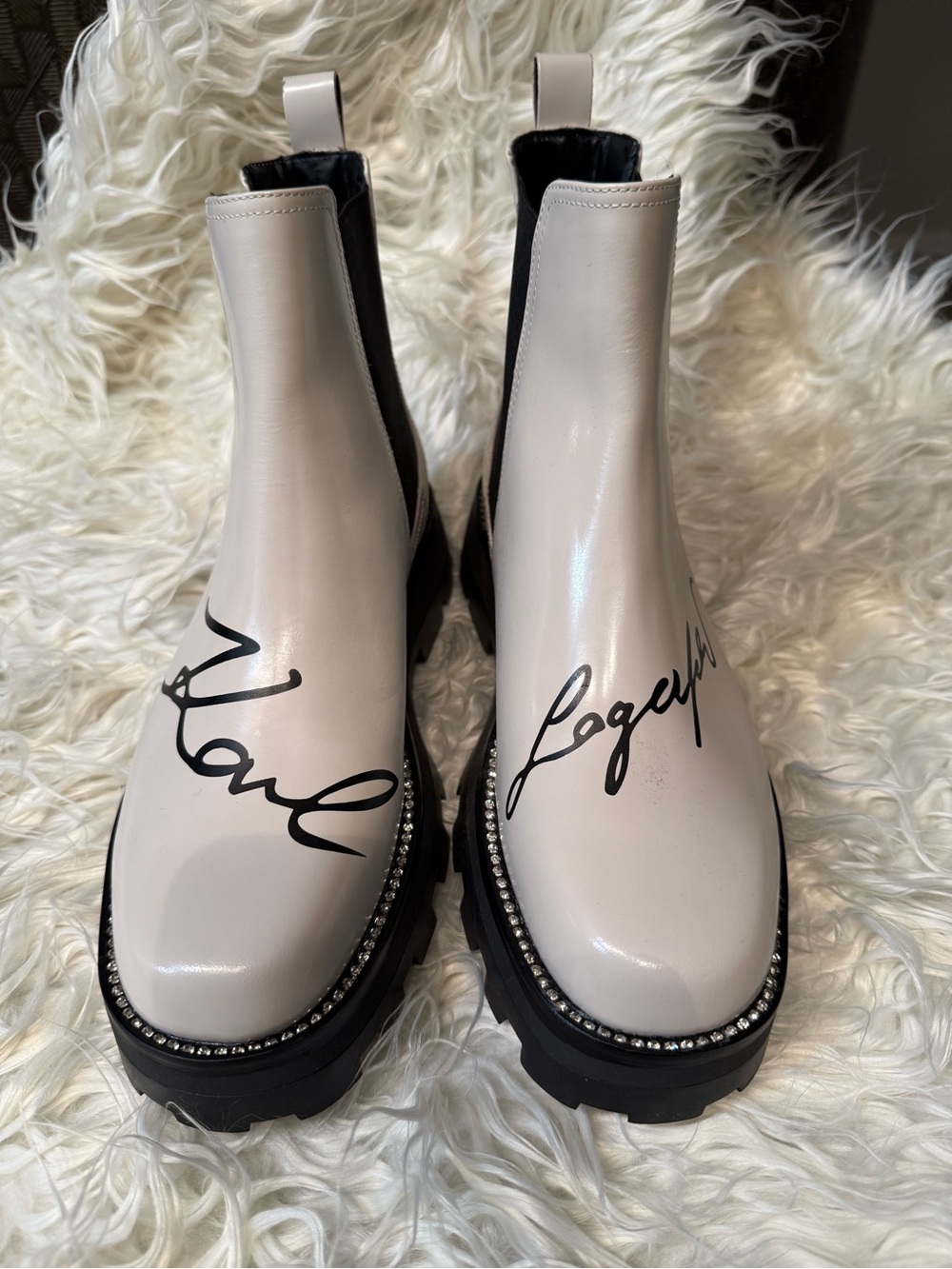 Karl Lagerfeld Cream Chelsea Lug Ankle Boots with Black Script